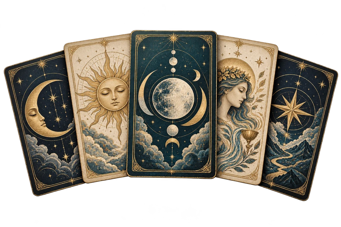 Cinco cartas de tarô com ilustrações celestiais em azul, marfim e dourado