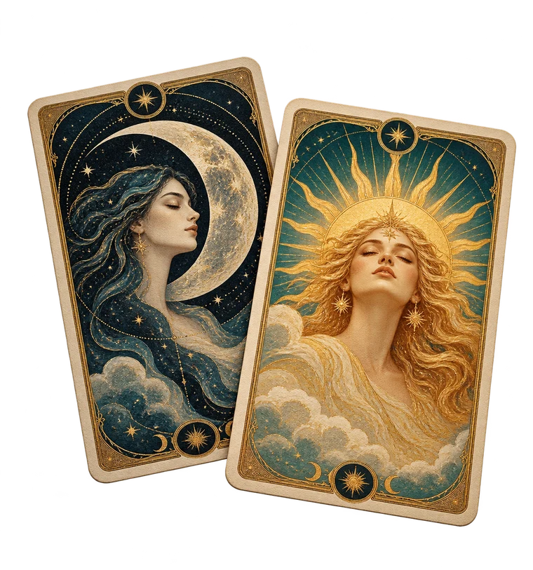 Duas cartas de tarô realistas com símbolos da lua e do sol